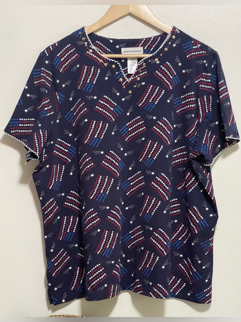 Alfred Dunner Navy Red White Blue Flag-Pattern Short Sleeve Shirt